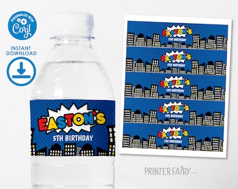 Superhero Water Bottle Label, Editable, Little Superhero Party Water Bottle Labels, Comics Party Drink Label, Super Heroes Printable Labels