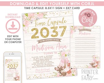 Wild One Girl Time Capsule, EDITABLE, Tribal Woodland Birthday Party, Woodland Time Capsule, Boho, DIGITAL, Instant Download