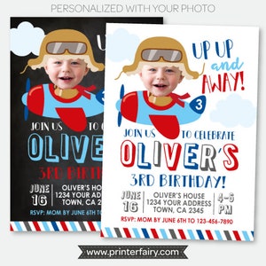 Plane Birthday Invitation with Photo, Airplane Invitation, Up up and away Invitation, Personalized Printable Invitation, 2 Options