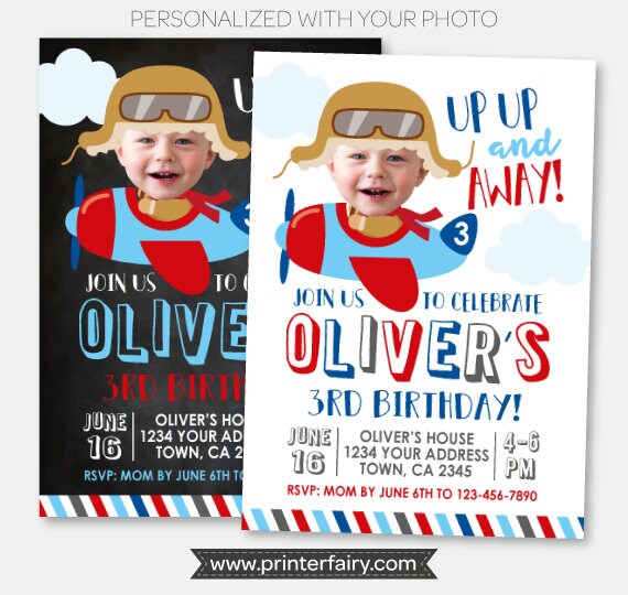 Plane Birthday Invitation with Photo, Airplane Invitation, Up up and away Invitation, Personalized Printable Invitation, 2 Options Il_570xn