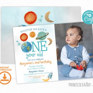 Outer Space First Birthday Invitation with Photo, Editable Template, Planets Rocket Ship Party Invite, Galaxy Birthday Party Invitation