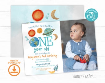 Outer Space First Birthday Invitation with Photo, Editable Template, Planets Rocket Ship Party Invite, Galaxy Birthday Party Invitation