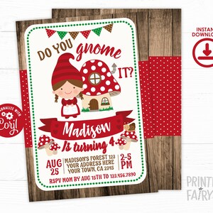 Gnome Birthday Invitation, Editable Character, Woodland Birthday Party, Forest Birthday Invitation, Gnome Invitation, INSTANT DOWNLOAD image 1