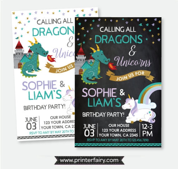 Dragon And Unicorn Urodziny Zaproszenia Zaproszenia Etsy