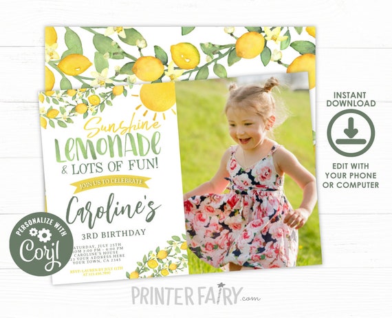Lemon Birthday Invitation, Editable, Citrus Invitation, Lemonade Birthday Party, Sunshine Birthday Invitation, Instant Download Il_570xn