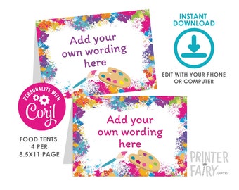 Art Part Food Cards, EDITABLE, Art Party Decorations, Birthday Party Table Labels, Art Party Food Tents, Instant Download