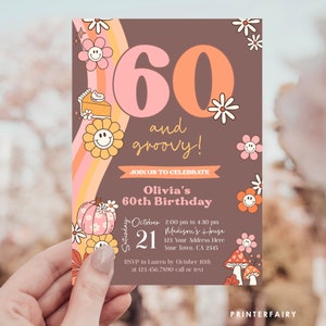 Editable Groovy & Pumpkin 60th Birthday Invitation, Retro Milestone Bash, Hippie and Flower Power Vibes Adult Invitation - Editable in Corjl