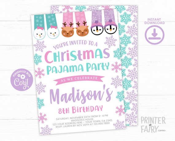 Christmas Pajama Party Birthday Invitation, EDITABLE, Sleepover ...