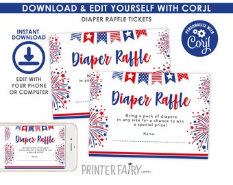 4th of July Baby Shower, Editable, Diaper Raffle Card, Indepence Day, Firecracker Party, Baby Shower Games, EDIT YOURSELF, Instant Download