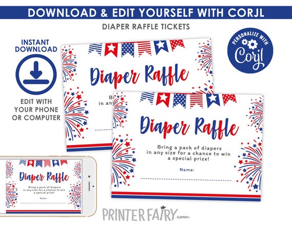 4th of July Baby Shower, Editable, Diaper Raffle Card, Indepence Day, Firecracker Party, Baby Shower Games, EDIT YOURSELF, Instant Download Il_570xn
