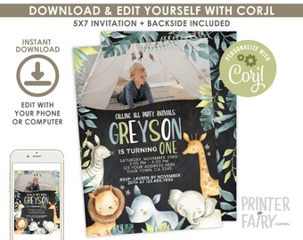 May include: A printable 5x7 inch invitation for a first birthday party with a jungle theme. The invitation features a chalkboard background with the text "Calling all party animals Greyson is turning one" and a photo of a child in a teepee. The invitation also features a giraffe, zebra, lion, elephant, and leaves.