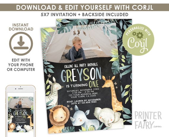 Safari Birthday Invitation with Photo, EDITABLE, Jungle Invitation, Jungle Animals Party, Any age, EDIT YOURSELF Digital, Instant Download Il_570xn