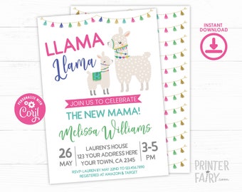 Llama Baby Shower Invitation, EDITABLE Llama Invitation, Animal Baby Shower, Girl Baby Shower Invitations, INSTANT DOWNLOAD