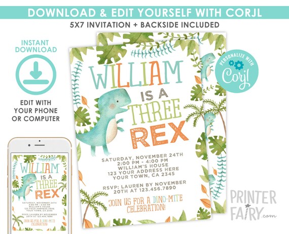 Three Rex Invitation, EDITABLE, Dinosaur Birthday Invitation, Dinosaur Birthday Party, EDIT YOURSELF Digital Invite, Instant Download Il_570xn