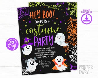 Halloween Invitation, EDITABLE Costume Party Invitation, Halloween Costume Party, Ghost Invitation, Hey Boo Invitation, INSTANT DOWNLOAD