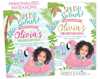 Splish Splash Birthday Invitation, Pool Party Invitation with Photo, Flamingo Float Invite, Summer Party, PERSONALIZED Digital Invitation