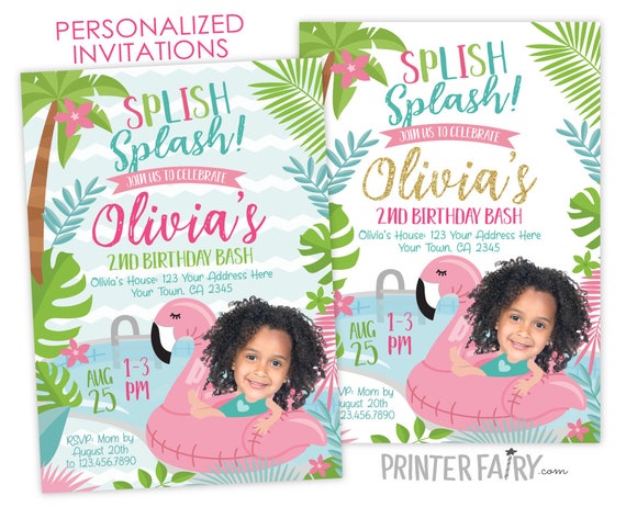 Splish Splash Birthday Invitation, Pool Party Invitation with Photo, Flamingo Float Invite, Summer Party, PERSONALIZED Digital Invitation Il_570xn