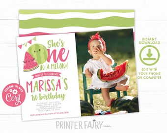 Invitación de primer cumpleaños de sandía, EDITABLE uno en una invitación de melón, fiesta de cumpleaños de frutas, fiesta de cumpleaños de verano, descarga instantánea