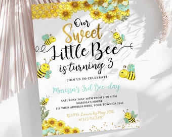Bee Birthday Invitation, Editable, Honey Bee Invitation, Bee Birthday Party, Sunflower Bee Invitation, Beeday Invitation, Instant Download