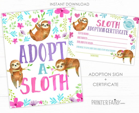 Sloth Adoption Sign Adoption Certificate Sloth Birthday | Etsy