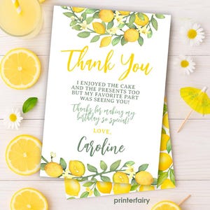 Tarjetas de agradecimiento de limón, editables, notas de agradecimiento cítricas, fiesta de cumpleaños de limonada, tarjetas de agradecimiento de limonada, descarga instantánea