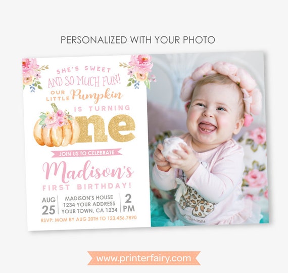 Little Pumpkin First Birthday Invitation with Photo, Fall Birthday Invitation, Floral Birthday Party, Personalized Digital Invite Il_570xn