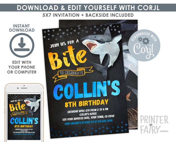 Shark Invitation, EDITABLE, Shark Birthday Invitation, Pool Party, Shark Invite, EDIT YOURSELF Digital Invitation, Instant Download Il_570xn