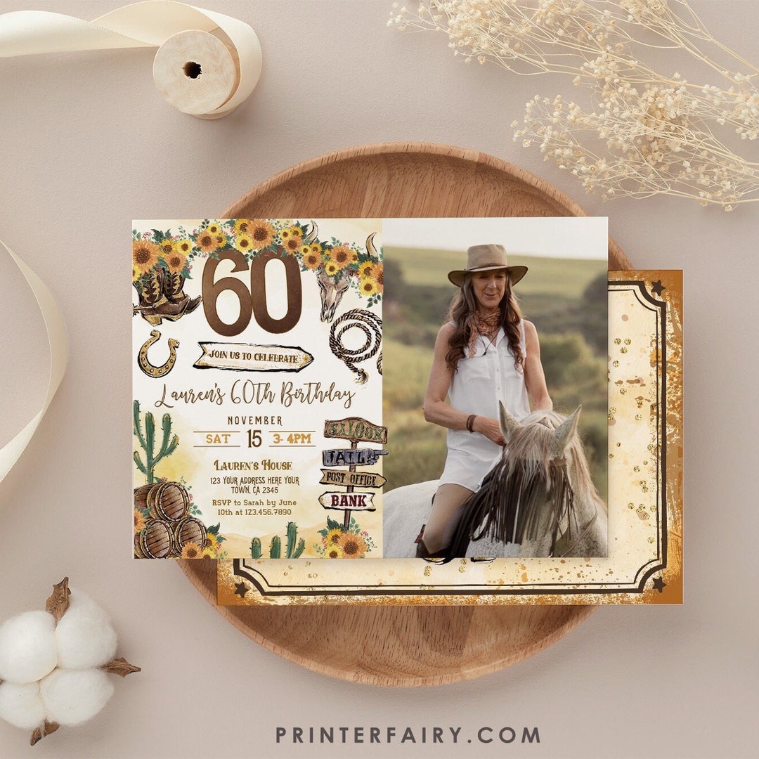 Rustic Cowgirl 60th Birthday Invitation With Photo (digital Download ...