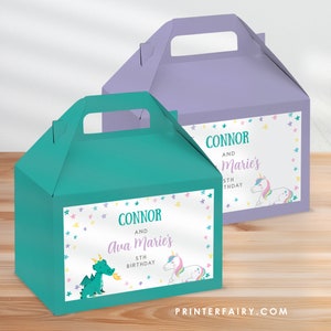 Einhorn und Drachen Giebel Box Etikett, EDITIERBARE Etikett, Drachen und Einhorn-Geburtstagsfeier, gemeinsame Geburtstagsfeier, INSTANT DOWNLOAD