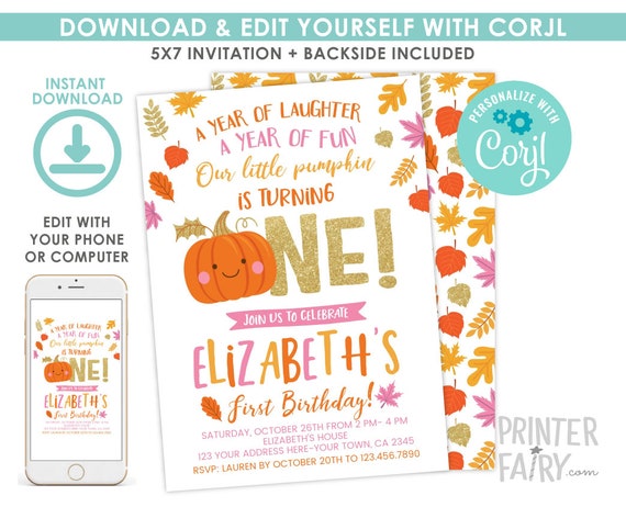 Little Pumpkin First Birthday Invitation,EDITABLE, Pumpkin Invitation, Autumn Birthday Party, DIGITAL Pumpkin Patch, Instant Download Il_570xn
