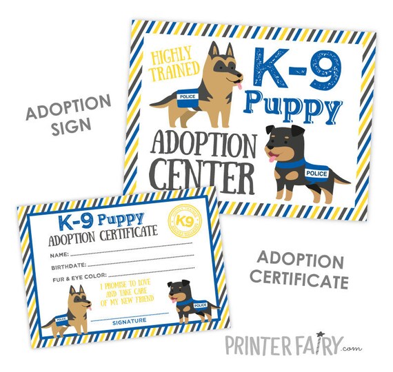 K9 Puppy Adoption Sign and Certificate, Police Birthday Party, Pet adoption Party, Pet Adoption Decorations, INSTANT DOWNLOAD Il_570xn