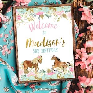 Horse Welcome Sign, EDITABLE, Girl Birthday, Floral Birthday Party, Cowgirl party decor, Pony Birthday Western Floral Party INSTANT DOWNLOAD