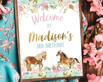 Floral Horse Birthday Welcome Sign, Editable Pony Party Decor (Digital Download)