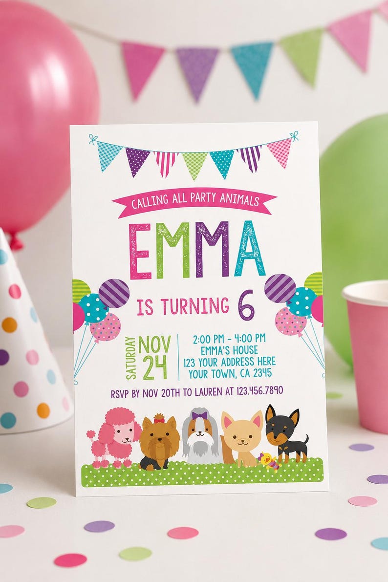 Puede incluir: Una invitaci&oacute;n de cumplea&ntilde;os con el texto "Calling All Party Animals" y "Emma cumple 6 a&ntilde;os". La invitaci&oacute;n presenta perros de dibujos animados, globos y una pancarta. La fecha es el 24 de noviembre, con detalles de la fiesta e informaci&oacute;n RSVP.