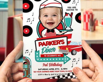 Diner Birthday Invitation with Photo, Editable, 1950's Party Invite, American Diner Retro Birthday Party Theme, Midcentury, Sock Hop Fifties