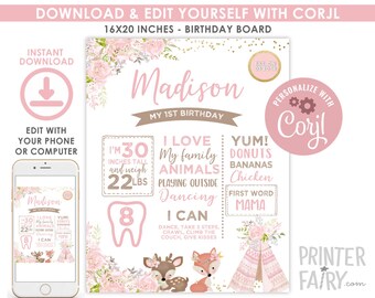 Wild One Girl Birthday Party, EDITABLE, Tribal Woodland Birthday Board, Woodland First Birthday, Boho, DIGITAL, Instant Download