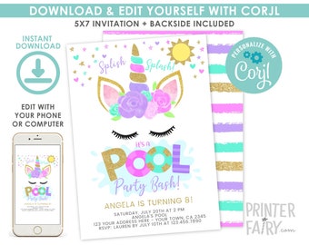 Unicorn Pool Party Invitation, EDITABLE, Unicorn Birthday Invitation, Summer Birthday Invitation, Pool Party Invitation, INSTANT DOWNLOAD