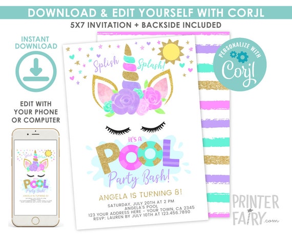 Unicorn Pool Party Invitation Editable Unicorn Birthday Invitation Summer Birthday Invitation Pool Party Invitation Instant Download By Printer Fairy Catch My Party