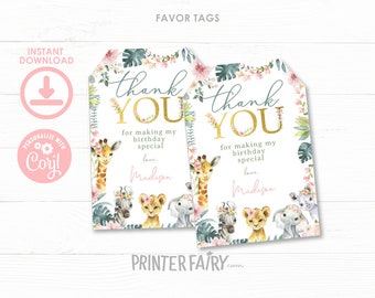 Wild One Favor Tags, EDITABLE Jungle Favor Tags, Safari Thank You Tags, Girl Birthday, Floral Jungle, Baby Shower Tags, INSTANT DOWNLOAD