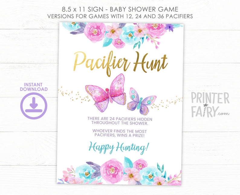 Butterflies Baby Shower Games, Pacifier Hunt Game, Girl Baby Shower, Baby Shower Printable Games, INSTANT DOWNLOAD image 1