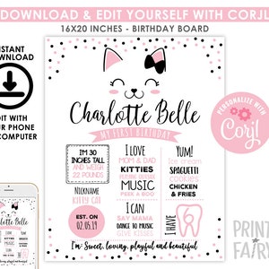 Kitty Cat Birthday Board, EDITABLE, Kitties Birthday Decorations, Digital Milestones Board, Any Age, INSTANT DOWNLOAD