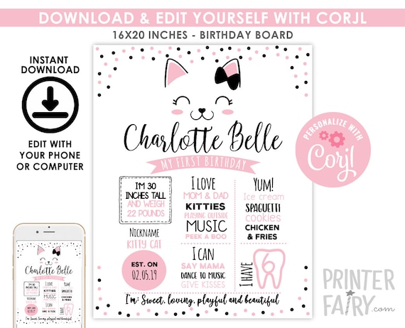 Kitty Cat Birthday Board, EDITABLE, Kitties Birthday Decorations, Digital Milestones Board, Any Age, INSTANT DOWNLOAD Il_570xn