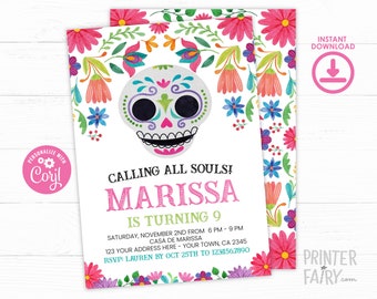 EDITABLE Day of the Dead Birthday Invitation, Dia de los muertos Birthday Party, Halloween Birthday Party, EDIT YOURSELF Digital Invite