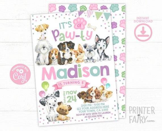 Puppy Birthday Invitation, Pawty Invitation, Dog Birthday Invitation, Pet Adoption Party Invitation, Pawty Invites, INSTANT DOWNLOAD Il_570xn