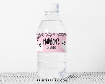 Spooky One Water Bottle Label EDITABLE Pink Halloween Birthday Bottle Label, Halloween Party Decor Spooktacular Party INSTANT DOWNLOAD ghp1