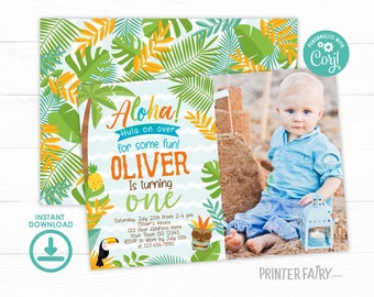 Luau Invitation with photo, EDITABLE, Beach Birthday, Luau 1st Birthday, Luau Birthday Party, Tropical, EDIT YOURSELF Digital Invite