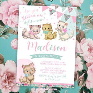 Invito di compleanno con gattino floreale vintage MODIFICABILE, festa di compleanno per adozione di animali domestici, festa per gatti, qualsiasi età, invito digitale MODIFICA TU STESSO