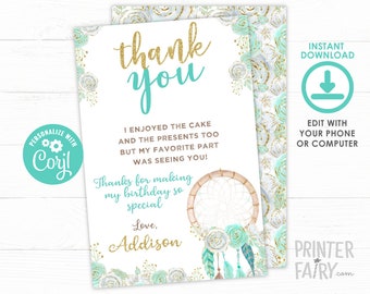 Dreamcatcher Blue Thank You Cards, EDITABLE, Tribal Birthday Party, Dream catcher Thank You Notes, INSTANT DOWNLOAD