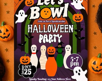 May include: A rectangular Halloween party invitation featuring the text Let's Bowl, Join us for a Spooktacular Halloween Party, Saturday Oct 25, 5-7 pm, and event details. The design includes bowling pins, pumpkins, ghosts, and bats on a dark background.