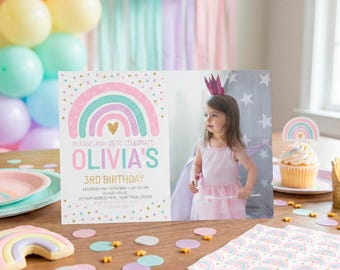 Rainbow Birthday Invitation with photo Editable Template, INSTANT DOWNLOAD